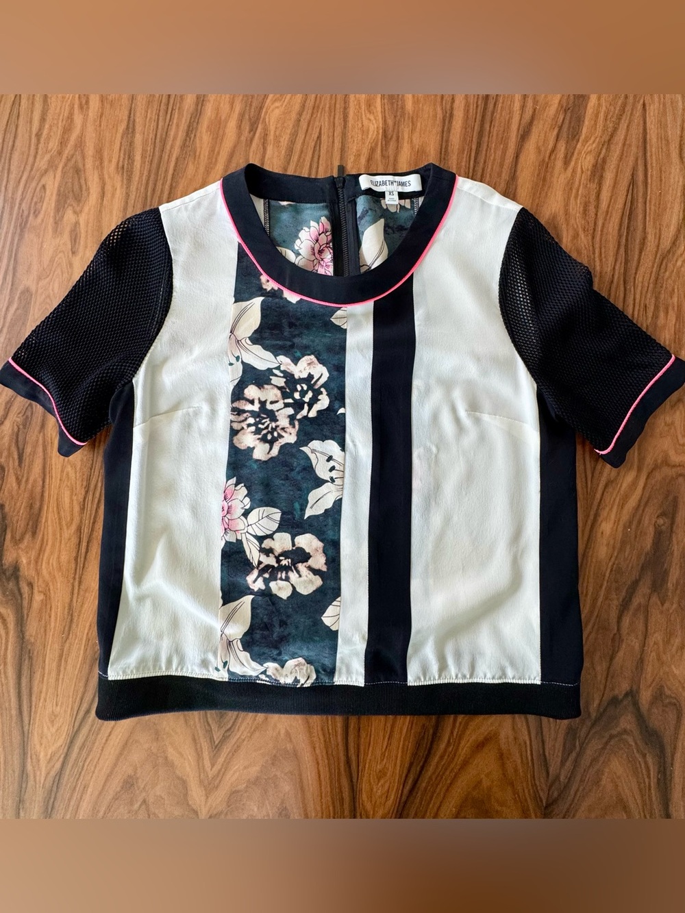 Elizabeth and James Silk Floral Mesh Sleeve Top XS